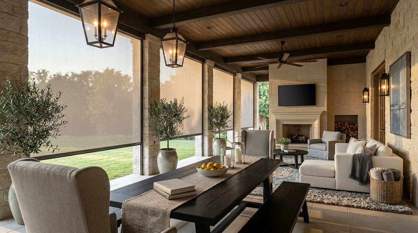 A covered back patio at a luxury North Texas home, shot from beside a black dining table looking toward a limestone fireplace wall, with the bays between the stone columns fitted with matching grey exterior roller screens lowered most of the way, a stained timber ceiling with dark beams and a ceiling fan overhead, a cream sectional, lit lanterns, olive trees in glazed pots and warm late-afternoon light.
