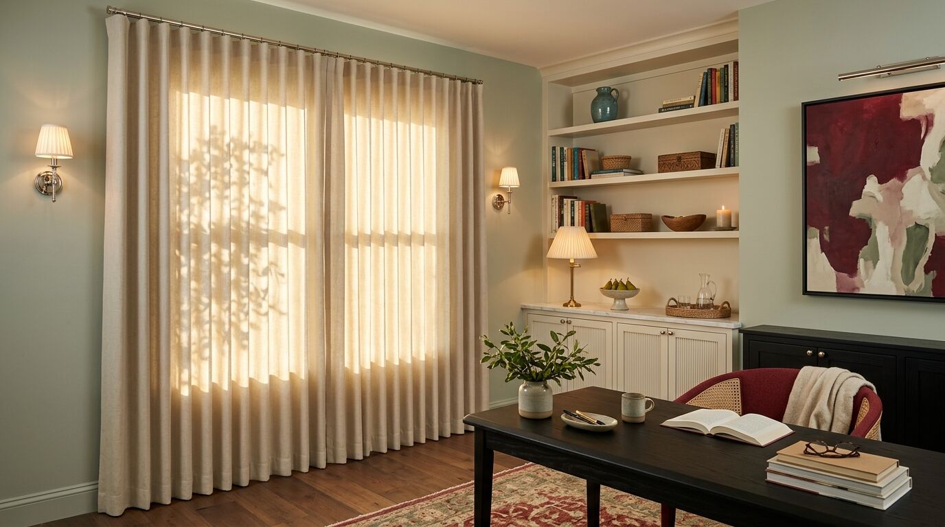 A home study in a newly built North Texas home shot diagonally from the doorway past the corner of a black stained oak desk, with soft muted sage green walls, wide chestnut plank flooring and one wide window on the left hand wall fully covered by ivory linen ripplefold drapery drawn closed from a slim polished nickel carrier rod near the ceiling down to a soft break at the floor, the fabric falling in deep even continuous S shaped waves of matching depth with no gathered pleat at the top, warm late afternoon sun glowing through the linen with the shadow of a leafy branch across it, the drapery running well past the glass onto plain wall at the right hand end, a lit polished nickel sconce with a pleated cream shade on the wall at each end of the drapery, built-in cream lacquered shelving with reeded cabinet fronts and a honed marble top on the far wall holding books in many different spine colours and heights alongside a teal glazed jug, woven baskets, a carved box, a wooden bowl and a lit candle, a lit brass lamp, a footed bowl of green pears and a glass carafe on a woven tray on the marble below, a large cranberry, cream and sage abstract canvas in a black frame under a polished nickel picture light above a black oak cabinet on the right hand wall, a cranberry wool cane back desk chair with a cream throw over it on a patterned cranberry and cream rug, and a stoneware vase of green branches, a shallow dish of pens, a stoneware mug, an open book and reading glasses resting on a stack of books on the desk in the foreground