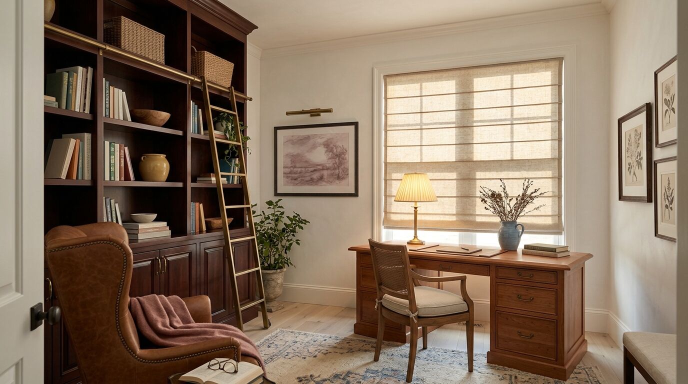 A home study in a newly built North Texas home, shot from the doorway past a cognac leather wing chair with a rose throw toward one wide window fitted with an oatmeal linen hobbled Roman shade whose soft horizontal folds glow in late-afternoon light, above a solid cherry desk with a lit brass lamp and a caned chair, beside a deep cherry built-in bookcase with an aged brass ladder and a leafy potted plant, warm white walls, pale ash flooring, a framed rose and grey landscape drawing under a brass picture light, and a rug in cream and slate blue