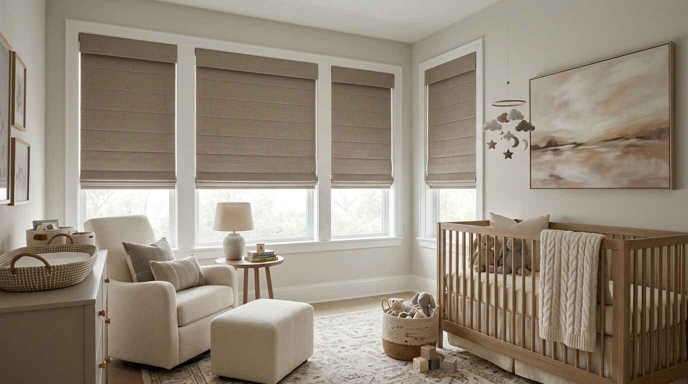 Nursery in a North Texas home shot from inside the room, four windows in white trim each fitted with a taupe room-darkening roman shade hanging from the top of the frame and lowered most of the way down, with a wood crib, cream glider and layered neutral decor