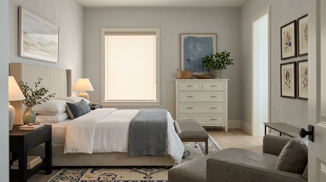 A primary bedroom in a newly built North Texas home, shot from the doorway across the foot of the bed toward one window fitted with an oatmeal roller shade lowered flat to the sill, beside a warm white chest of drawers under a dusty blue canvas, with an oatmeal boucle headboard, dove grey walls, limed oak flooring and a black stained oak bedside table