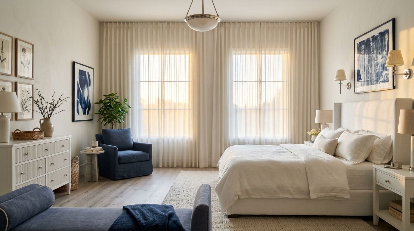 Bedroom with two tall windows on the far wall, each covered by floor length sheer drapery panels glowing with late-afternoon sun