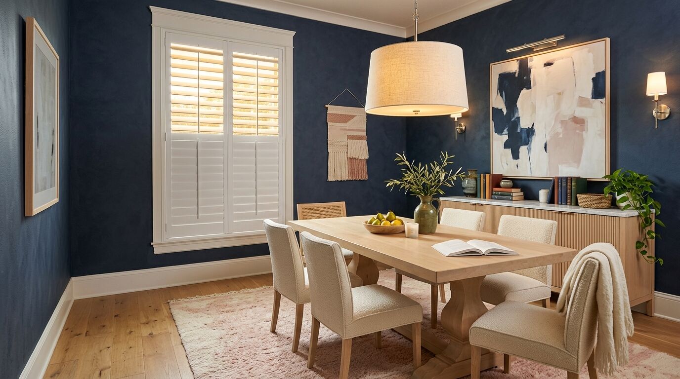 A deep ink navy dining room with one tall window in white hardwood plantation shutters, a divider rail running straight across both panels with the louvers above it tilted open to warm daylight and the louvers below it closed to a solid white panel, a solid maple trestle dining table with ivory boucle and cane back chairs on a thick pale rug over honey oak flooring, a reeded maple sideboard with a honed marble top holding books and a green stoneware jug, a large blush and navy abstract canvas under a picture light, and a woven wall hanging
