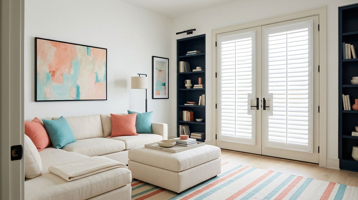 A white family den in a newly built North Texas home with a single pair of inward-swinging French doors on the far wall, flanked by deep navy built-in shelving. Each door leaf carries a matching white plantation shutter panel with straight even louvers tilted open and a centre tilt rod, and a neat square notch is cut into each meeting stile so the two matte black lever handles stand clear of the shutters. A large abstract canvas in coral, turquoise and cream hangs above a cream sectional on the long left wall with a tall narrow print beside it, a cream ottoman sits on a striped coral and turquoise rug over pale maple flooring, and a slim black floor lamp stands behind the sofa.