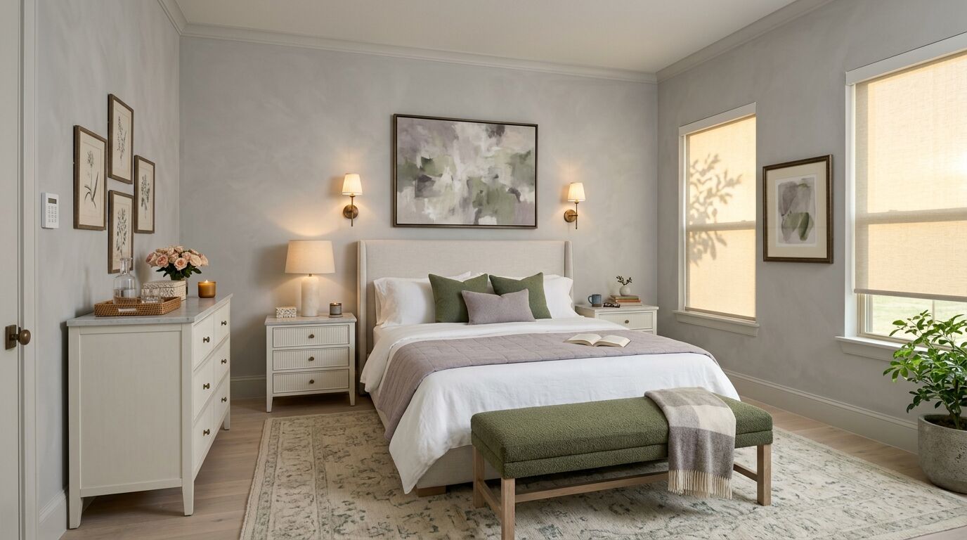 A primary bedroom in a newly built North Texas home with smart home motorized shades, soft dove grey limewash walls and pale limed oak flooring, two tall windows on the right hand wall each fitted with an oatmeal motorized roller shade hanging from a slim white cassette at the top of the frame, early morning sun glowing through the fabric with the shadow of a leafy branch across one shade, an oyster linen upholstered bed with white sheets, a heather quilt and moss green cushions beneath a large heather and sage abstract canvas between two lit bronze sconces, painted warm white nightstands with reeded drawers and an alabaster lamp, a reeded white chest with a marble top holding roses, a candle and a rattan tray under three framed botanical drawings, a moss green wool bench with a plaid throw at the foot of the bed on a soft patterned rug, and a leafy plant in a stone planter in the corner
