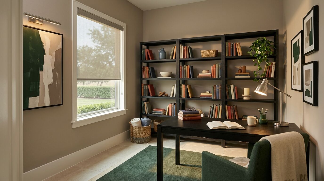 A home office in a newly built North Texas home with warm greige walls and one window fitted with a greige interior solar roller shade hanging from a headrail at the top of the frame and lowered about halfway, the tree beyond showing hazy and softened through the open weave of the mesh while the clipped hedge and lawn below the straight bottom bar read sharp through the clear glass, a wall of black stained open shelving filled with well-used books in mixed reds, greens, ochres and blues at varied heights, some leaning and some stacked flat, alongside a slate blue stoneware jug, a cream bowl, woven baskets, timber objects, a lit candle and a trailing pothos, a dark timber desk in the foreground holding an open book, reading glasses on a stack of cloth-bound volumes, a stoneware mug, a cup of pencils and a lit brushed steel task lamp, a green upholstered chair with a cream wool throw over its back, a basket of rolled blankets on the floor, a large green and cream abstract canvas under a picture light on the left wall, framed abstract works on the right wall, and a deep green rug over pale tile flooring in warm late afternoon light