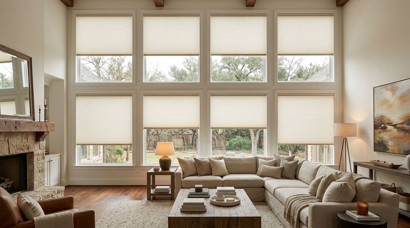 Two-story great room in a North Texas home shot from inside, tall window treatments on an upper and lower bank of windows, matching cream cellular shades hanging from the top of every frame in white trim