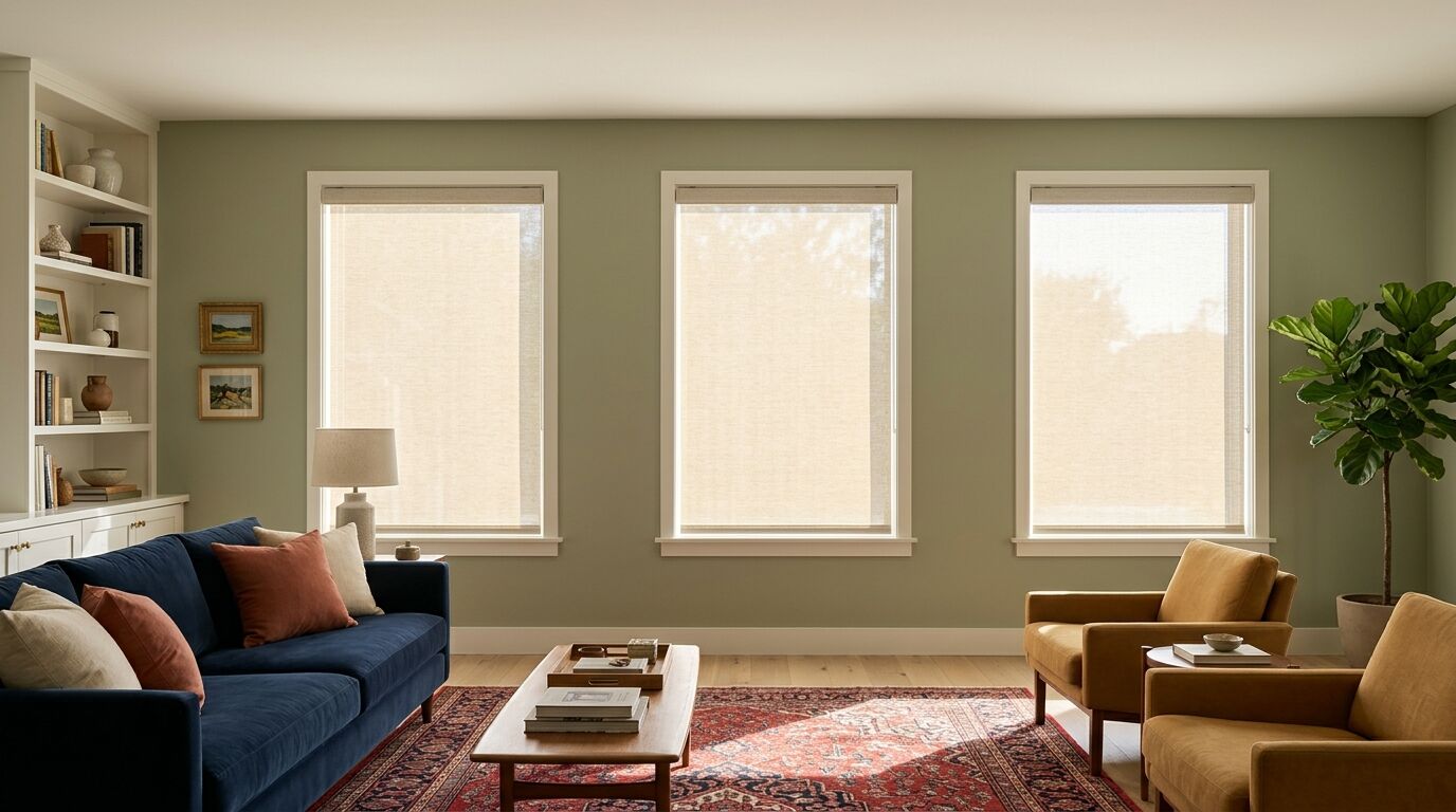 A sunlit living room in a newer North Texas home, three tall windows side by side all fitted with the same oatmeal solar roller shades lowered to the sill, warm late-afternoon light falling in bright patches across a white oak floor and a patterned red and navy wool rug, with a navy sofa, ochre chairs and an olive green wall