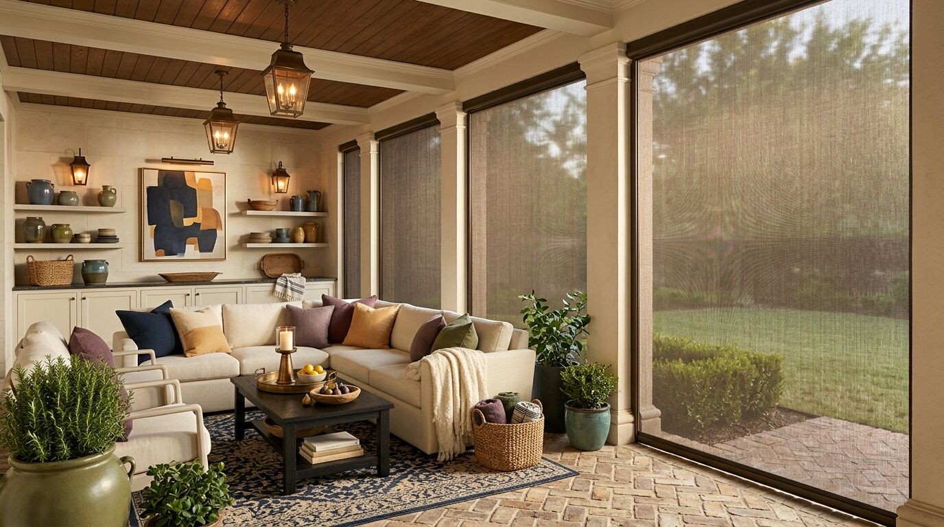 A covered outdoor living room in a newly built North Texas home, shot at an angle from under a pecan-stained tongue-and-groove ceiling on cream painted beams, with every bay between the cream cast stone columns filled from top to bottom by the same bronze exterior solar roller screen lowered all the way to the brick paving, the lawn and a clipped hedge showing hazy through the open weave of the mesh, a cream sectional and two cream lounge chairs carrying navy, amber and plum cushions with a rumpled ivory throw, a black stained oak coffee table holding a bronze tray, a lit candle, a bowl of lemons and a wooden bowl of figs, a navy and ivory patterned rug over herringbone brick paving, and cream built-in cabinetry along the back wall with open shelves of mixed slate blue, olive and amber pottery, woven baskets and wooden bowls beneath a large navy and amber abstract canvas lit by a bronze picture light between two bronze lantern sconces