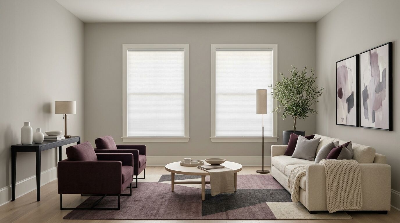 A dove grey front sitting room in a new North Texas home with two matching side-by-side windows, each fitted with the same white cellular honeycomb shade lowered fully from the top of the frame to the sill so daylight glows softly through the fabric, a cream boucle sofa with plum and grey cushions, two deep plum armchairs on slim black bases, a black console table with a bronze lamp, a pale birch coffee table, a plum and charcoal rug on pale oak floors and an olive tree in a charcoal planter
