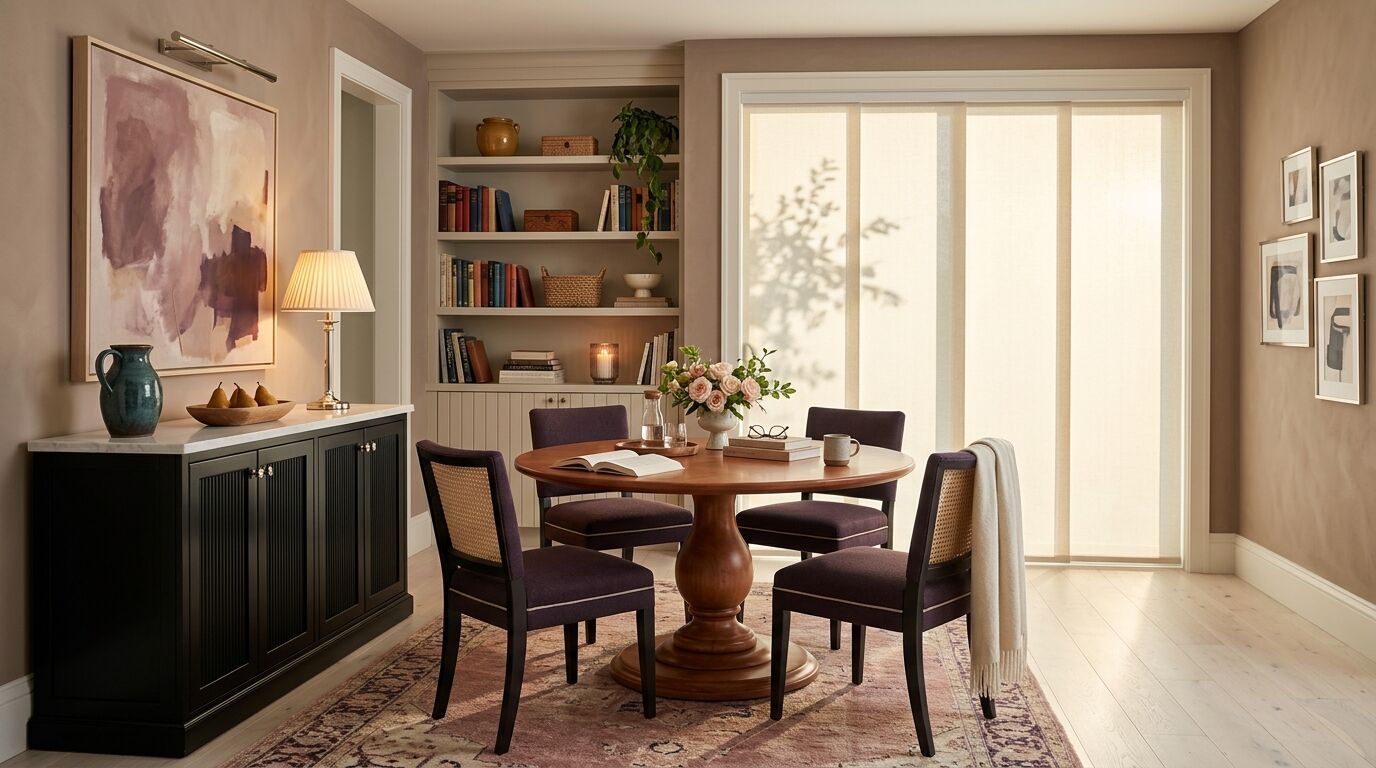 A breakfast room in a newly built North Texas home shot past a tall black lacquered cabinet in the foreground, with soft chalky mushroom brown limewash walls, pale white-washed plank flooring and one wide sliding glass door on the right hand wall fitted with four flat ivory linen panel track shades hanging from a slim white track at the very top of the opening and drawn fully closed across it so no glass shows, warm late afternoon sun glowing through the fabric with the shadow of a leafy branch falling across it, a round solid cherry pedestal table with deep aubergine upholstered cane back chairs on a faded rose and aubergine patterned rug, a cream wool throw dropped over the nearest chair, the fluted black lacquered cabinet carrying a honed white marble top with a teal stoneware jug, a wooden bowl of pears and a lit brass lamp with a pleated cream shade beneath a large dusty rose and aubergine canvas under a picture light, a cased opening through to a hallway beside it, built-in putty painted open shelving to the left of the door holding books in many different spine colours and heights alongside a mustard glazed pot, a carved timber box, woven baskets, a cream footed bowl, a lit candle and a trailing green plant, a group of four differently sized framed abstracts on the right hand wall, and an open book, reading glasses on a stack of books, a stoneware mug, a glass carafe and cut roses on a tray on the table in the foreground