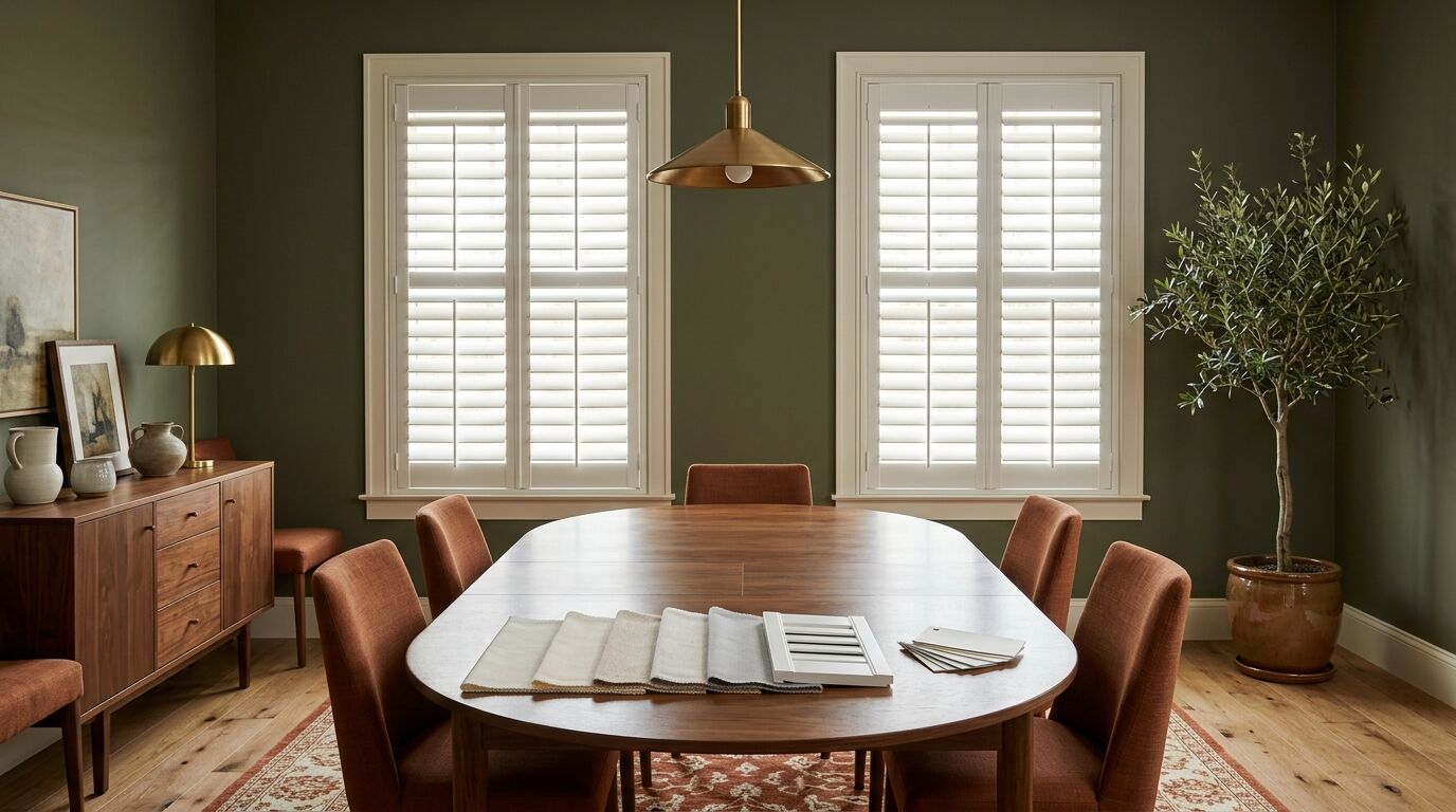 A deep olive green dining room with two matching windows fitted with white plantation shutters, louvers tilted open to soft daylight, a walnut dining table in the foreground holding a fanned row of neutral fabric swatches beside a small white shutter louver sample and a stack of blank colour chips, rust linen chairs around the table, a brass pendant above it, a walnut sideboard with ceramics and a brass lamp, a patterned rust and cream rug on oak flooring and an olive tree in a terracotta pot