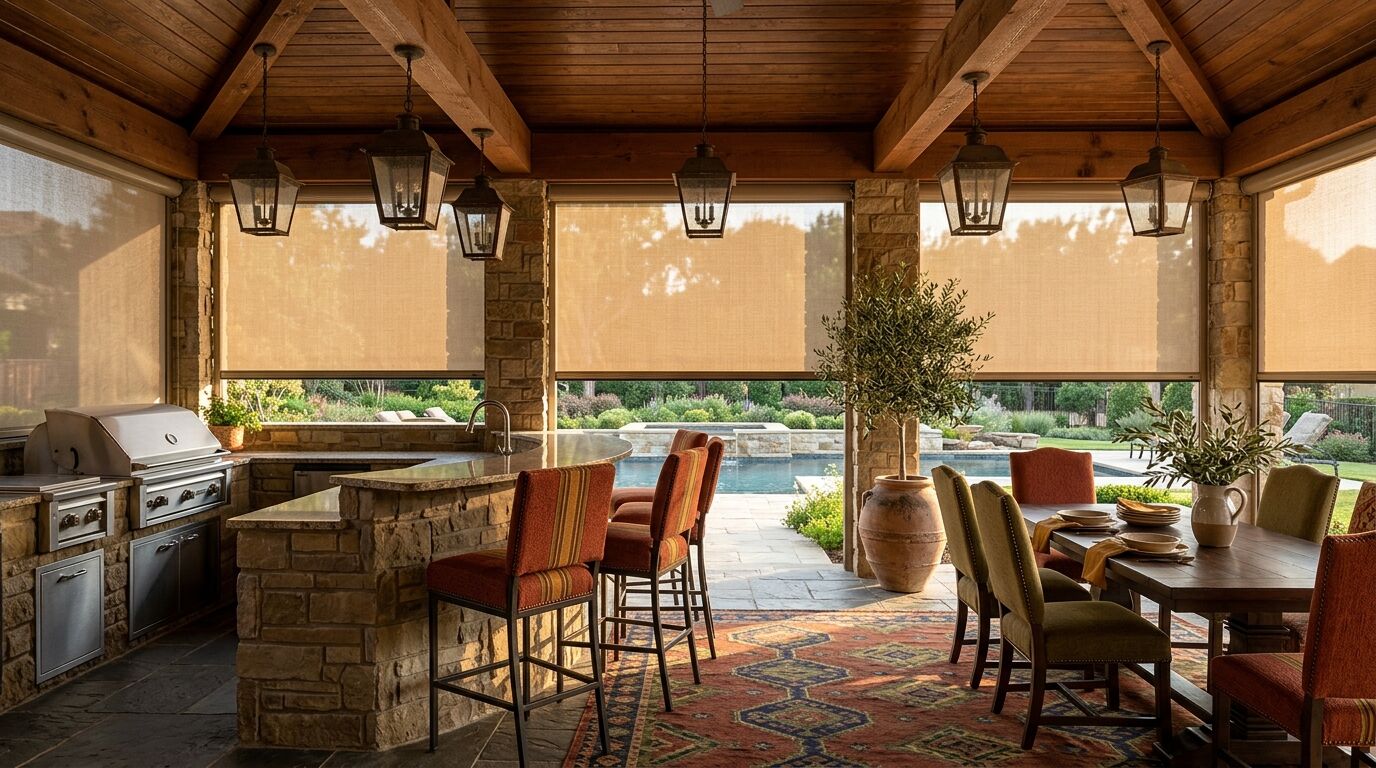 Covered outdoor kitchen and dining room of a luxury North Texas home under a stained wood beamed ceiling with lantern pendants, a stone bar with a built-in grill and a set dining table, and matching tan exterior solar roller screens lowered from housings at the top of every open bay with side channels running down the stone columns