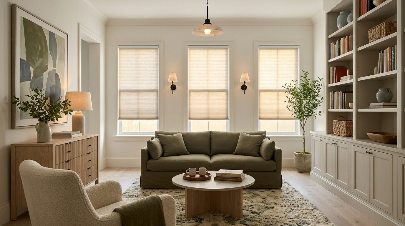 Lounge with built-in bookcases and a sofa, with three identical tall windows on the far wall, each covered by a cellular shade lowered most of the way and glowing with late-afternoon sun