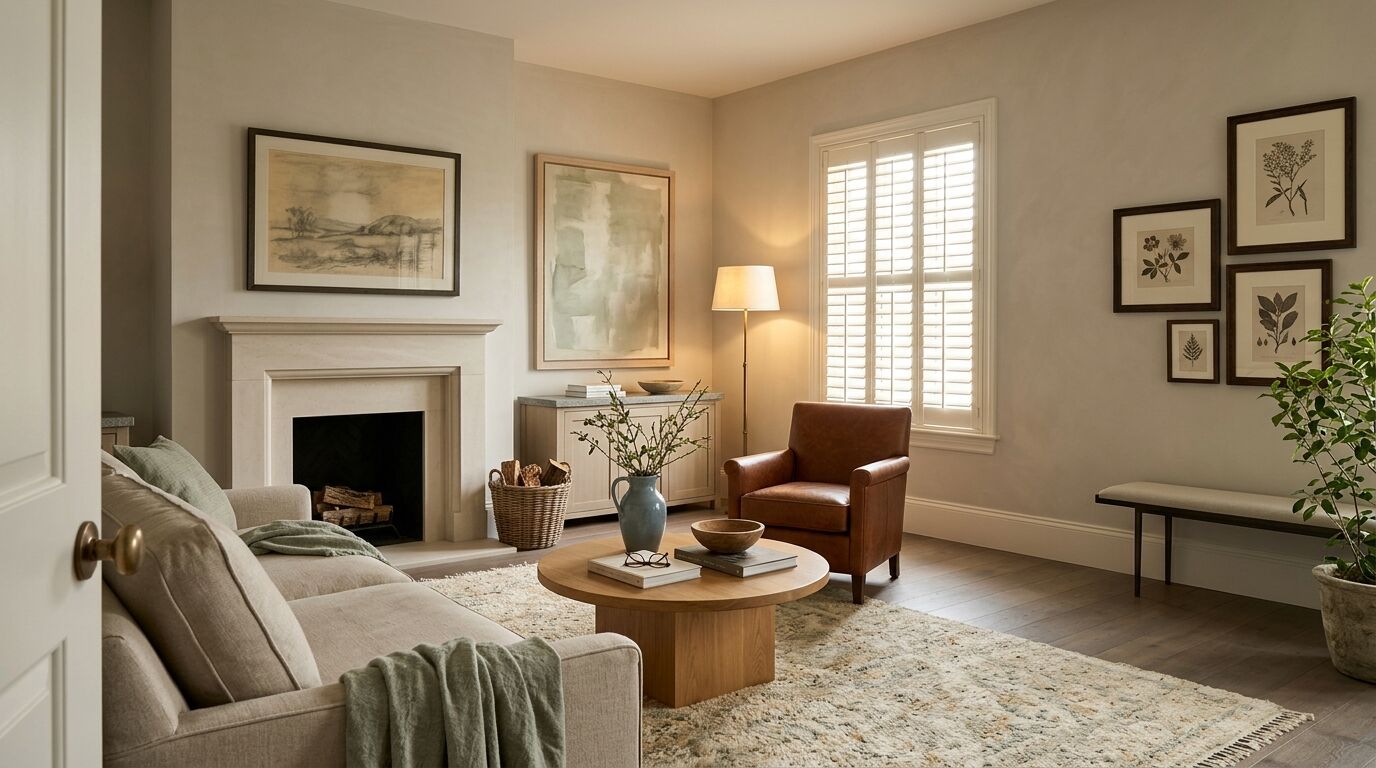 A living room in a newly built North Texas home, shot from a doorway past the arm of a linen sofa toward one window on the right wall fitted with white plantation shutters with narrow louvers tilted open, with warm greige walls, smoked oak floors, a limestone fireplace and a honey oak coffee table