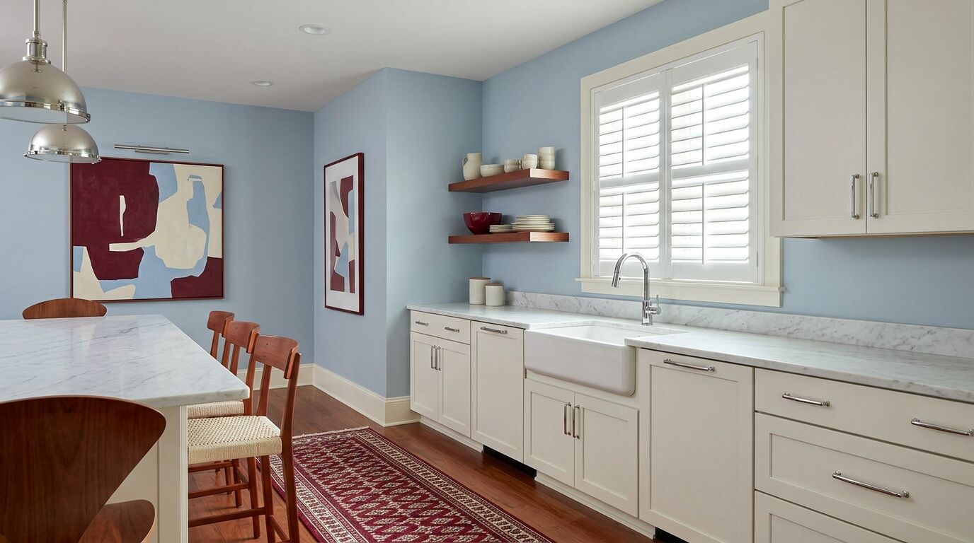 A kitchen in a newly built North Texas home photographed along the length of the room past the end of a cream painted island, with soft powder blue walls and one window above a white apron-front sink fitted with a white poly plantation shutter, louvers tilted open to daylight, a tall polished chrome gooseneck faucet standing in front of the lower part of the window, honed white marble counters, cream cabinetry with slim chrome pulls, cherry floating shelves holding cream ceramics and a cranberry bowl, cherry counter stools with woven cream seats, chrome dome pendants above the island, one oversized abstract canvas in cranberry, cream and powder blue on the left wall with a taller narrow framed print further along it, and a cranberry and cream patterned runner over warm cherry plank flooring