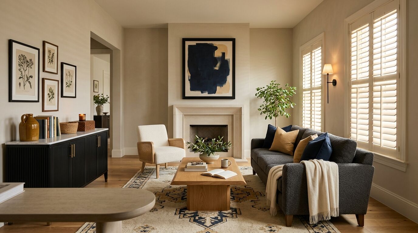 A formal sitting room off the entry hall of a newly built North Texas home, shot from the archway past a console table toward two tall windows fitted with matching hardwood plantation shutters painted warm white with open louvers, soft afternoon light passing between them across a honey oak floor, warm putty walls, a honed limestone fireplace under a deep ink navy and soft ochre abstract canvas, a charcoal boucle sofa with ink and ochre cushions facing the fireplace, a fluted black lacquered cabinet with a marble top and brass pulls under a grouping of botanical prints, a hand knotted rug in cream, ink and ochre, and a matte black sconce and lit candle glowing warm