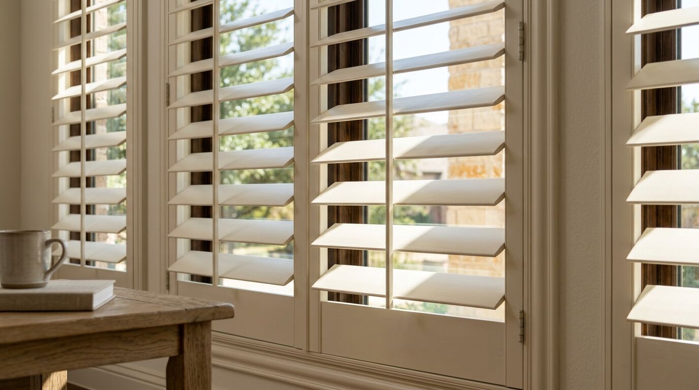 Interior view of west-facing windows fitted with white plantation shutters, louvers tilted against the afternoon sun
