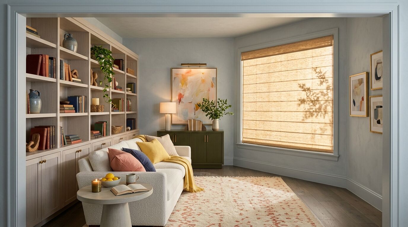 A family room in a newly built North Texas home photographed from a wide cased opening looking down the length of the room, with soft grey blue limewashed walls, wide plank grey brown oak flooring and one tall window on the right hand wall fitted with a natural oatmeal tan woven wood roman shade lowered all the way down so its bottom rail rests on the sill and no bare glass shows, warm late afternoon sun glowing through the reed weave with the shadow of a leafy branch falling across it, a warm ivory boucle sofa running lengthways against the left wall with a clear yellow throw over one end and coral, yellow and navy cushions, built-in pale ash shelving behind it holding books in many different spine colours and heights alongside slate blue pottery, timber objects, a woven basket, a candle and a trailing green plant, a deep olive reeded cabinet beneath a large coral and yellow abstract canvas lit by an aged brass picture light with a lit lamp and a vase of green branches on top, a grouping of three differently sized framed abstracts on the wall to the right of the window, and a round pale ash table in the foreground holding an open book, a bowl of lemons, a stoneware mug and a lit candle on an ivory and coral patterned rug
